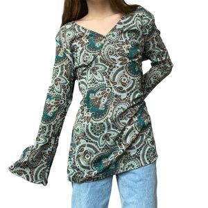 Vintage Blue Bohemian Retro 70s Long Bell Sleeve Paisley Western Print Y2K Top